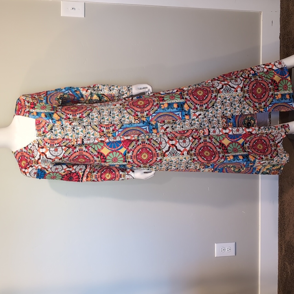 SHEIN 2 Piece Mixed Print Multicolor Tube Dress And Longline Duster Jacket Set